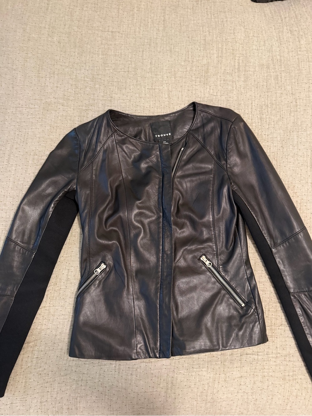 Trouve Black Leather Jacket with Knit Sleeve Panels